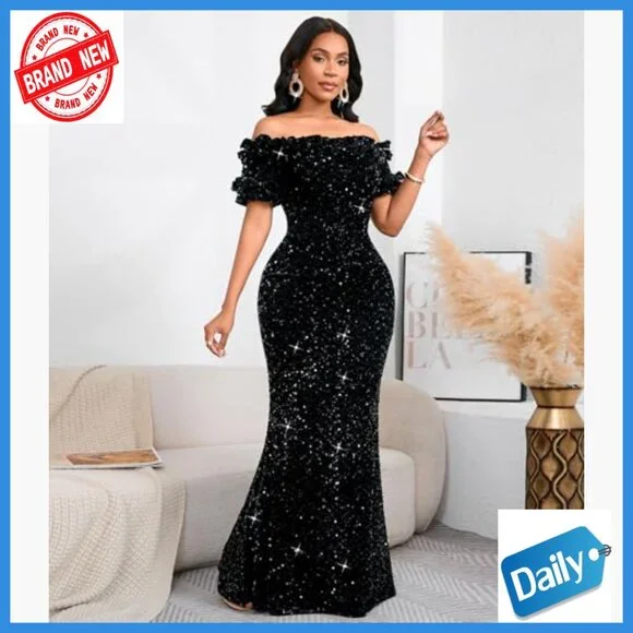 Sequin Off Shoulder Mermaid Maxi Dress Formal Evening Party Slim Fit